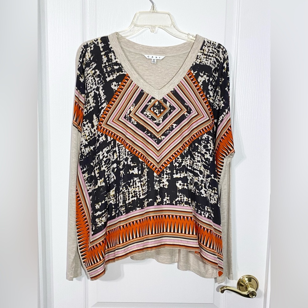 CAbi SILK Tribal Print Front V Neck Long Sleeve Knit Blouse Medium